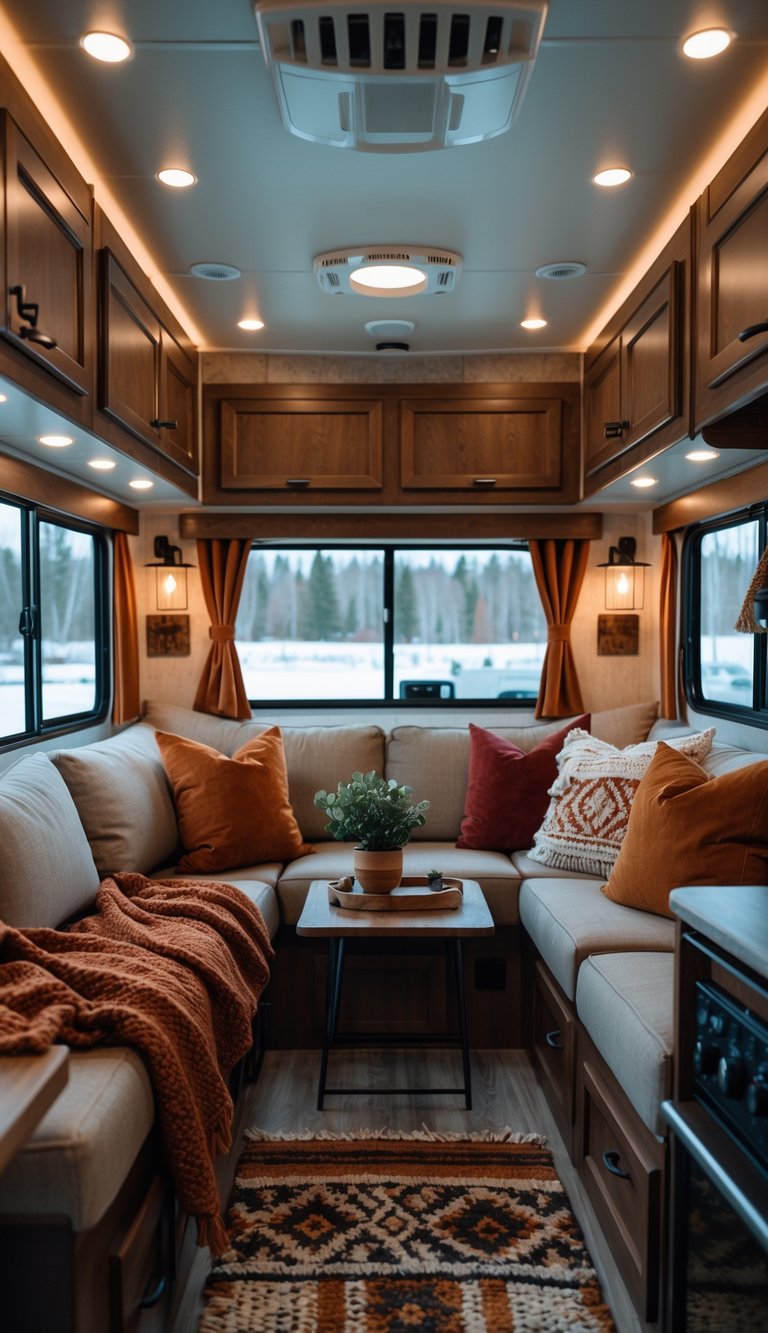 A cozy RV living room with warm orange and red decor, comfortable seating, and a snowy scene visible through the windows.