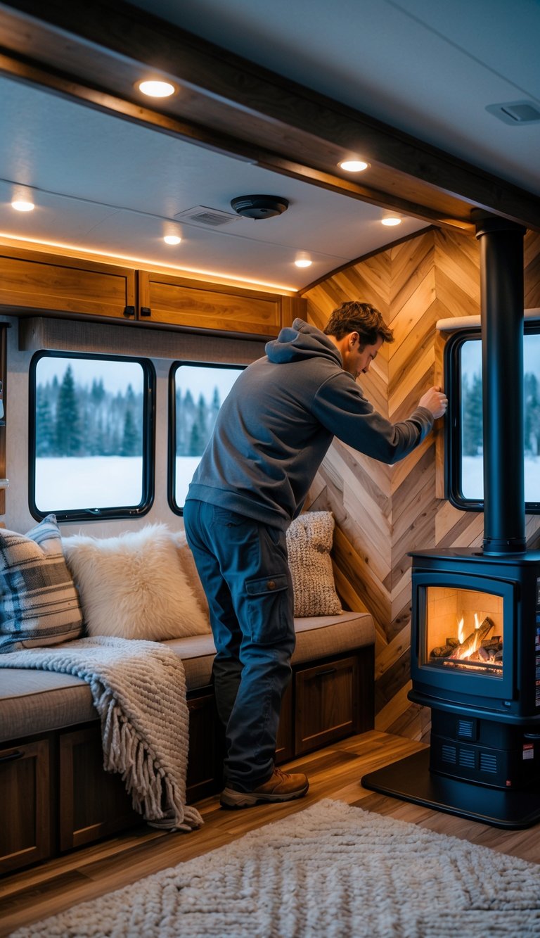 A person installing wood accent panels inside a cozy RV living room with warm lighting and a snowy scene visible outside.