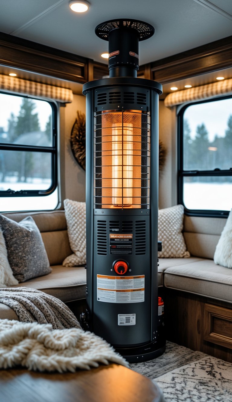 Cozy RV living room with a propane heater and warm furnishings during cold weather.