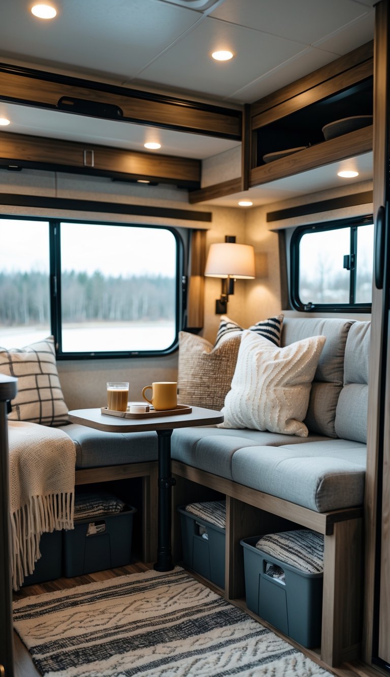 Cozy RV living room with storage bins placed under furniture and warm decorations.