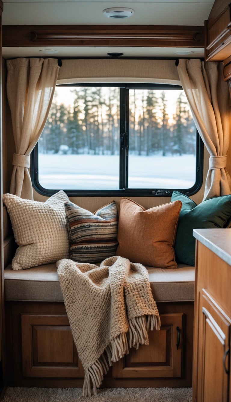 A cozy RV reading nook with layered pillows and a blanket by a window showing a snowy landscape outside.