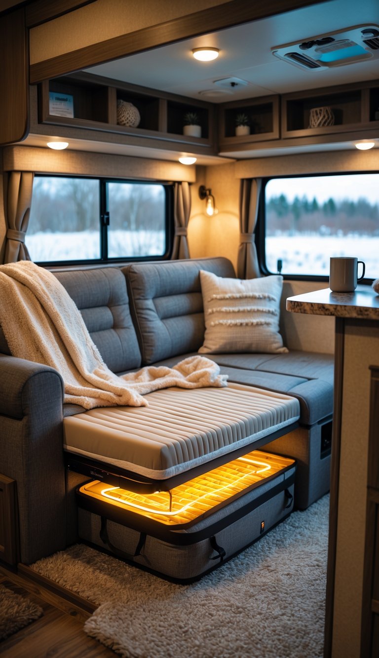 Cozy RV living room with a convertible sofa featuring a heated mattress pad, warm lighting, cushions, and a snowy outdoor view.