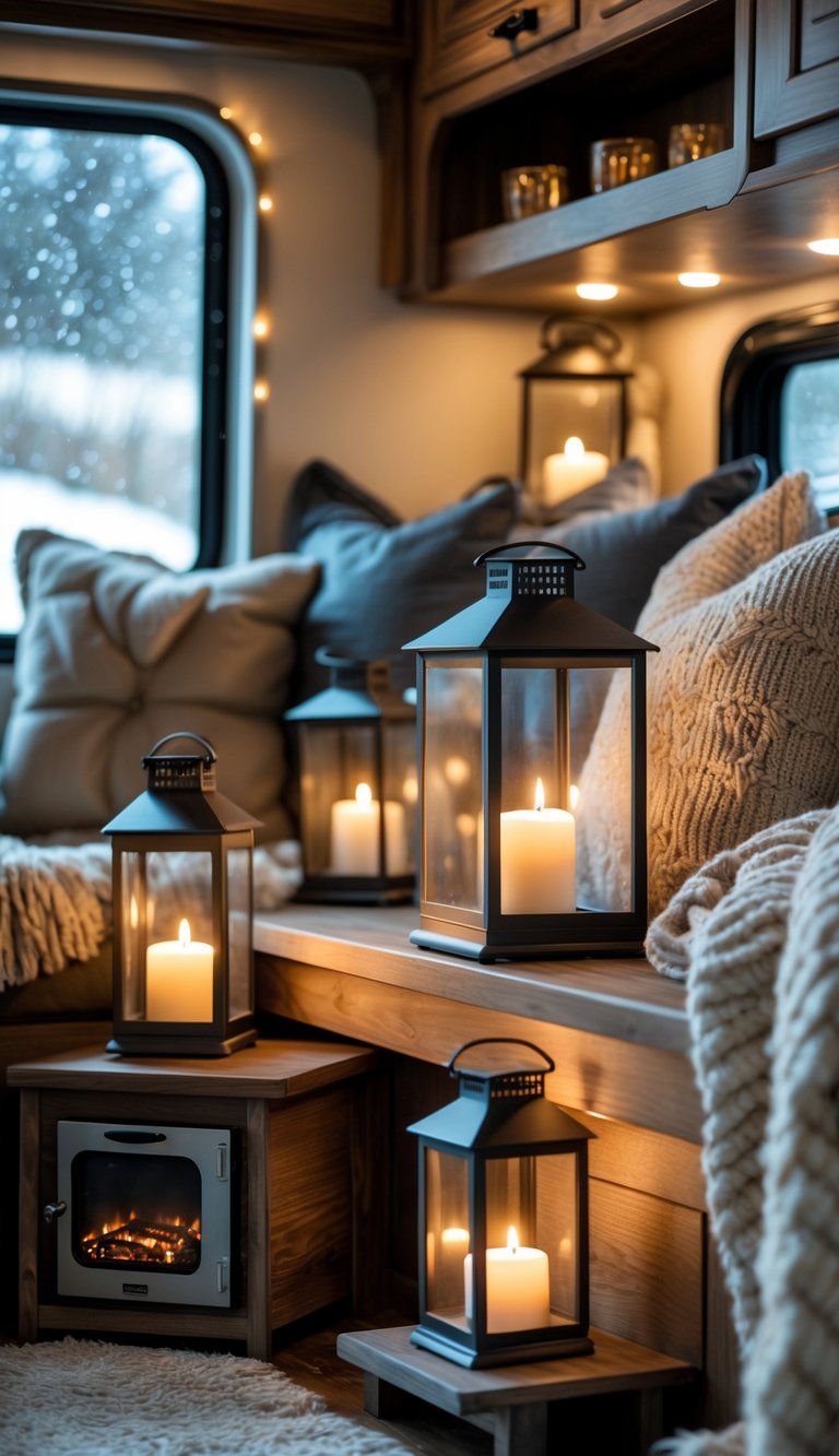 Cozy RV living room with decorative lanterns holding battery candles, warm blankets, and a heater, viewed during cold weather.