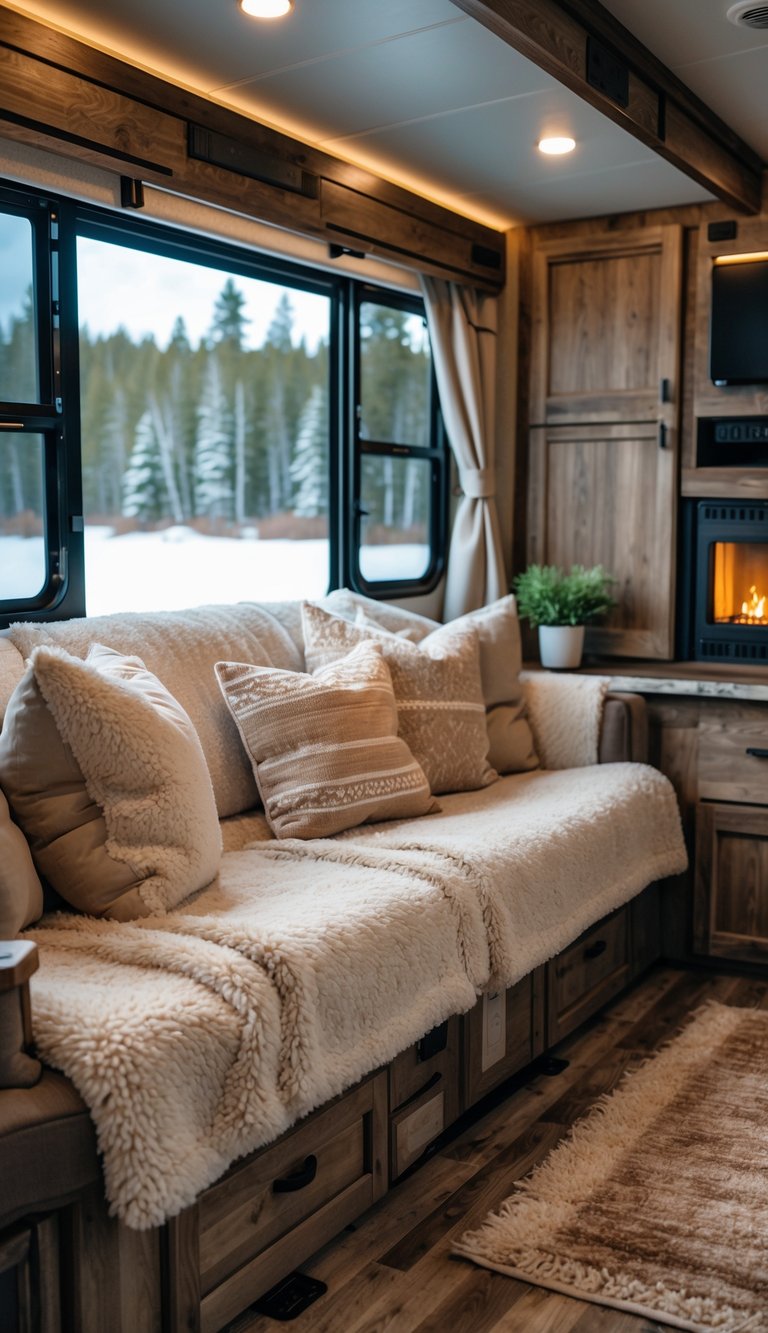 Cozy RV living room with sherpa fabric slipcovered seating, wooden cabinets, and a snowy forest visible through the windows.