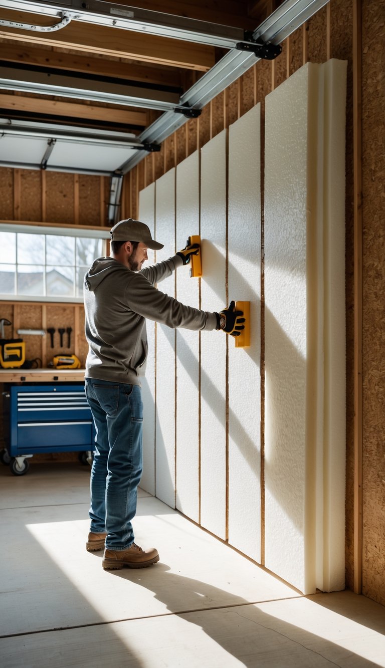 Person installing foam board insulation on the walls inside a garage workshop.
