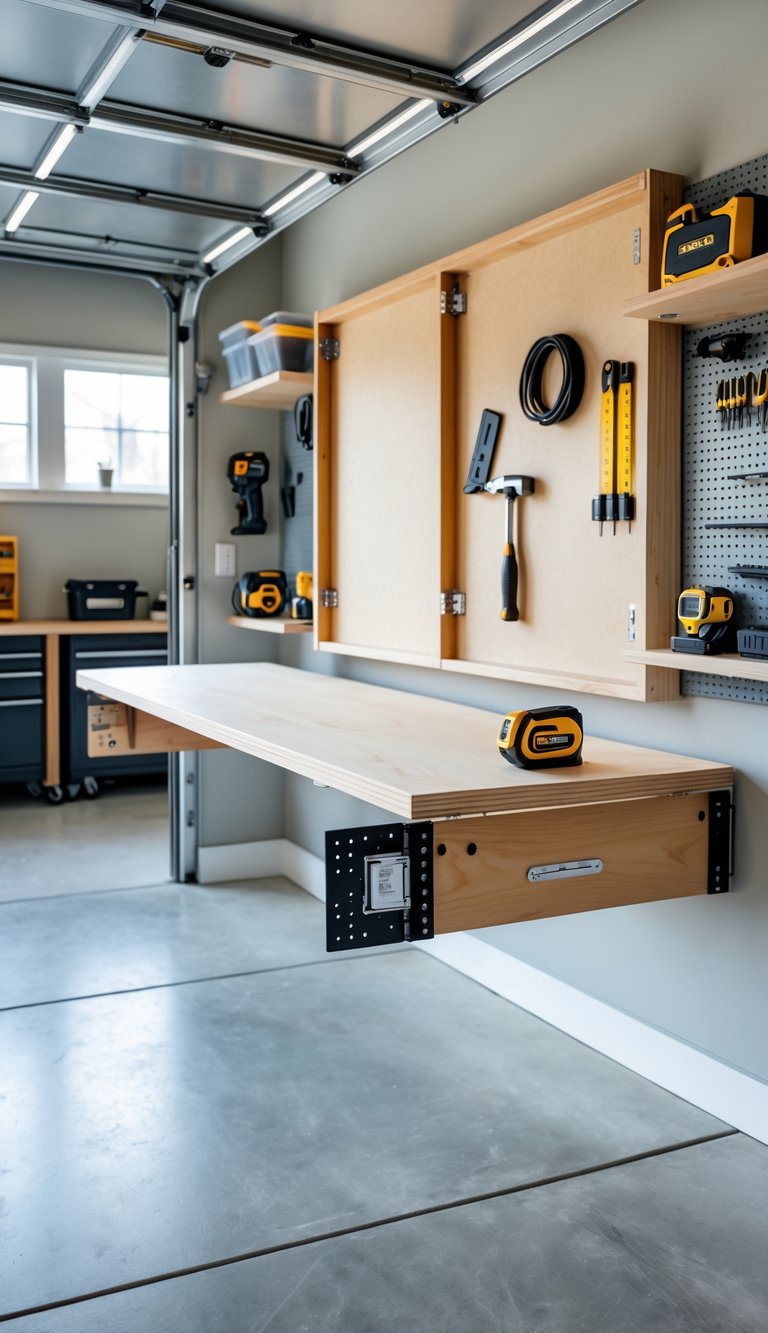 A garage workshop with a fold-down wooden workbench mounted on the wall, surrounded by tools and organized storage shelves.