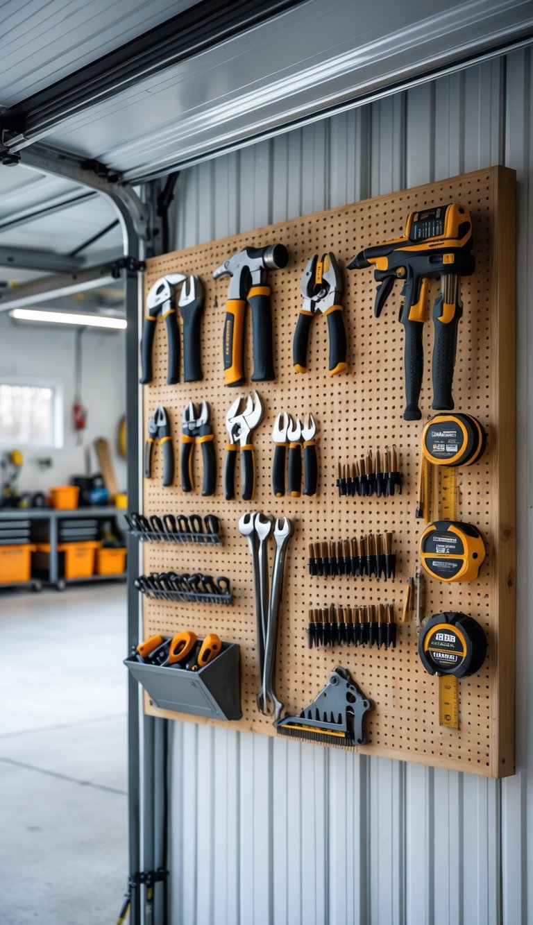 A garage workshop with a wall-mounted pegboard holding various hand tools neatly organized.