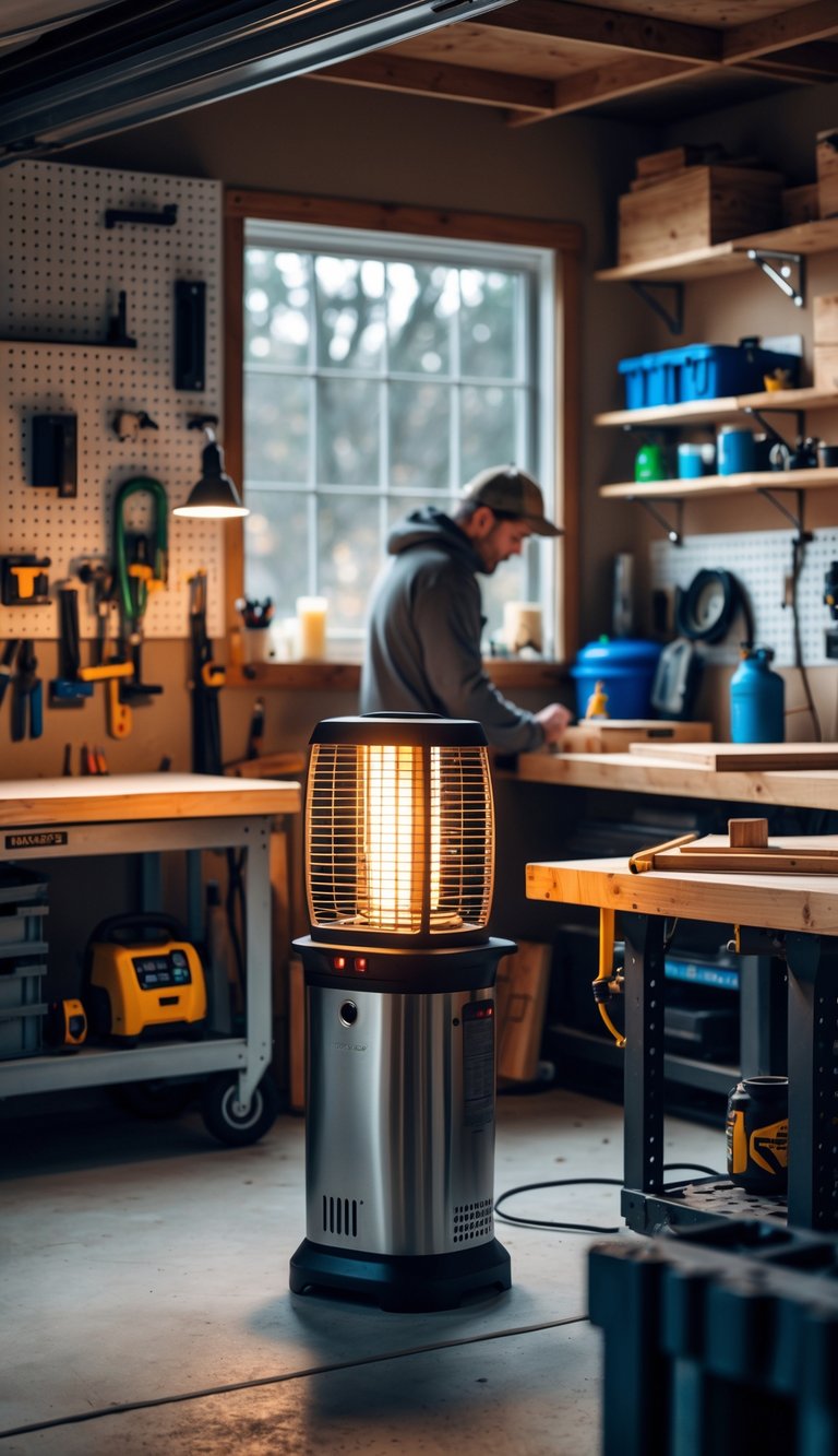 A garage workshop with a small portable heater on a workbench surrounded by tools and woodworking materials.