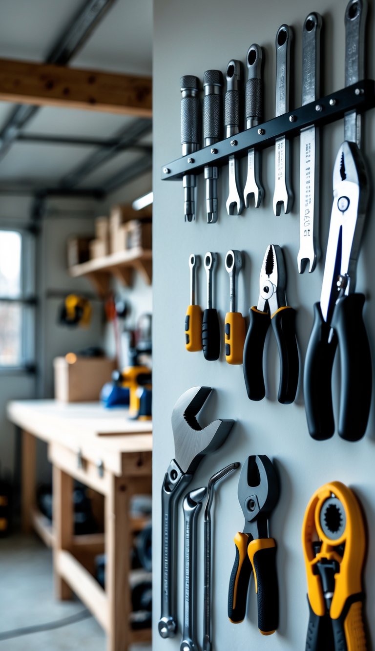 A garage workshop wall with a magnetic strip holding metal tools like screwdrivers and wrenches above a workbench.