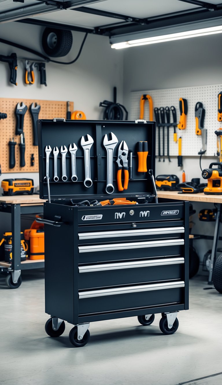 A rolling tool chest open in a clean garage workshop with tools neatly organized inside and a workbench nearby.