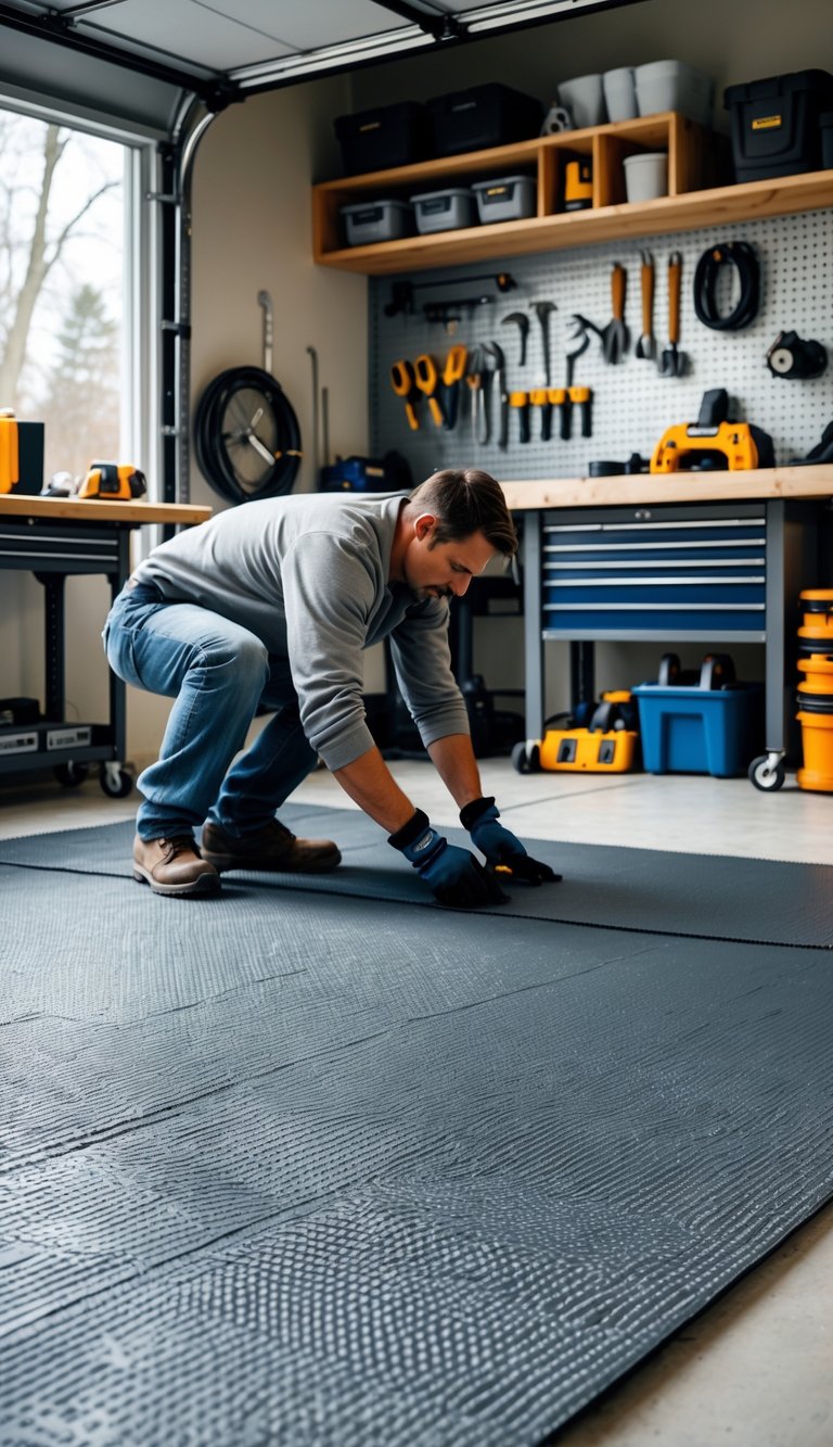 Person installing a vinyl floor mat in a clean garage workshop with tools and workbenches in the background.