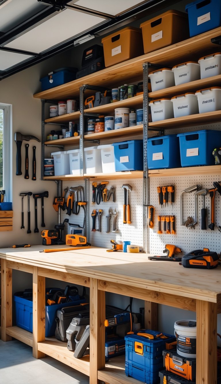 A garage workshop with a wooden workbench and shelves above it holding storage bins and tools.