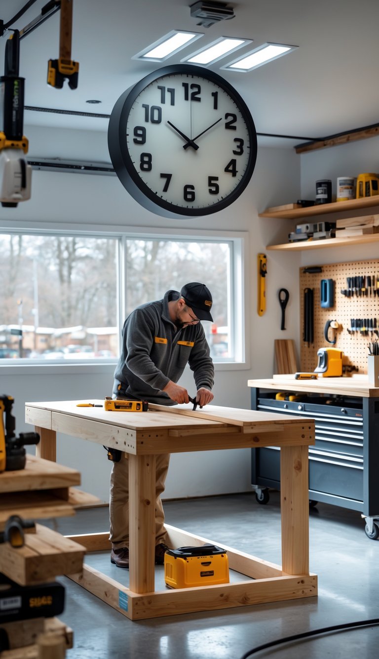 A person working in a bright garage workshop with a large wall clock above a wooden workbench surrounded by tools and materials.