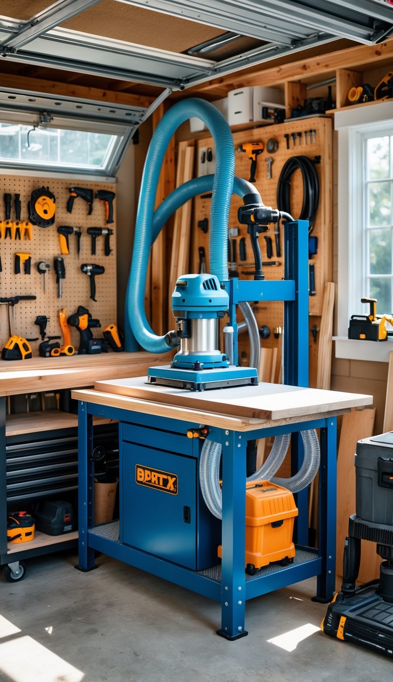 A garage workshop with a sanding station equipped with a dust collection system and various woodworking tools.