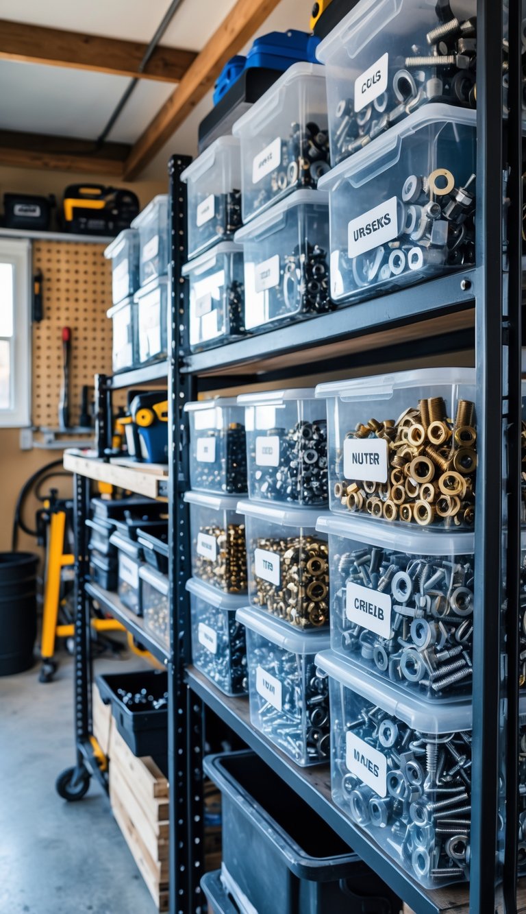 A neatly organized garage workshop with clear bins holding nuts, bolts, and fasteners arranged on shelves above a workbench.