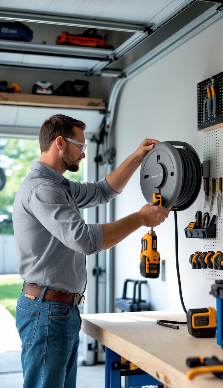Person installing a retractable extension cord reel on a garage wall near a workbench with tools in the background.