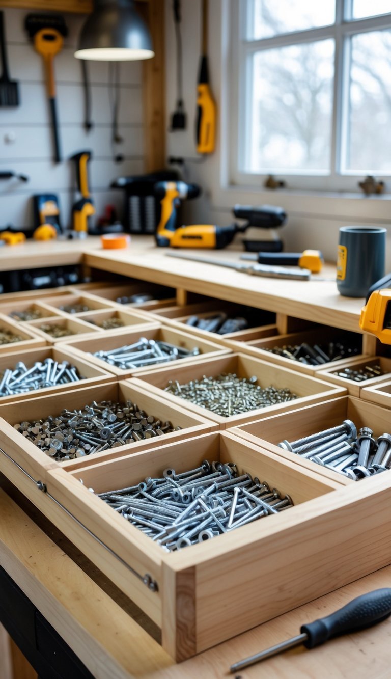 A wooden small parts organizer with multiple drawers filled with screws and nails on a workbench in a garage workshop.
