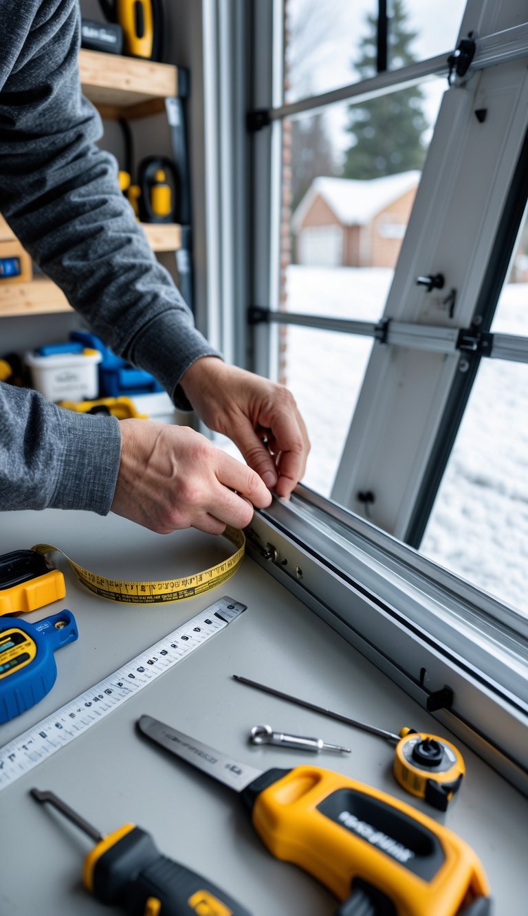 Person installing weather stripping on a garage door in a garage workshop with tools nearby and snow visible outside.