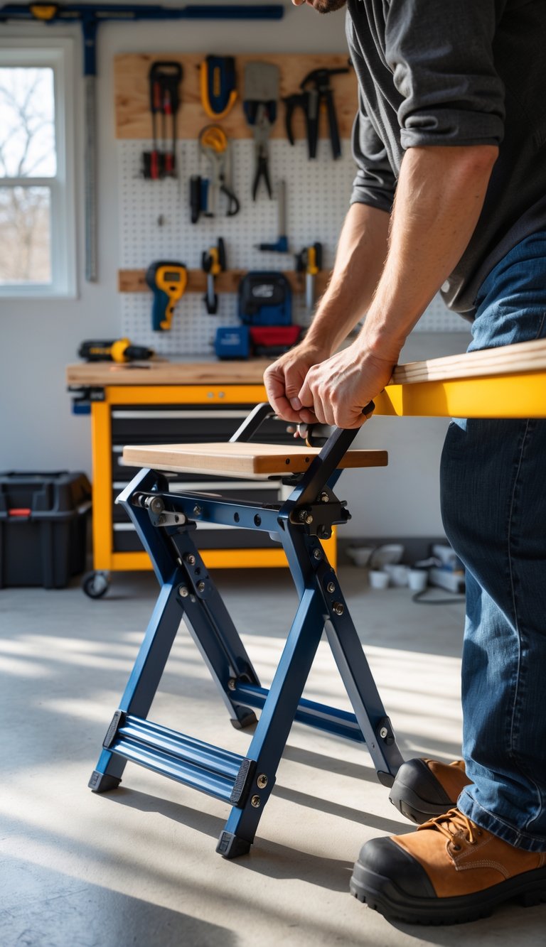 A person mounting a foldable stool in a well-organized garage workshop with tools and equipment in the background.