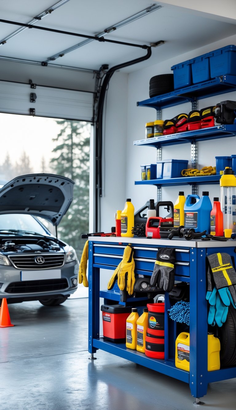 A clean garage workshop with a car having its hood open, tools and winter car maintenance supplies neatly arranged on a workbench and shelves.