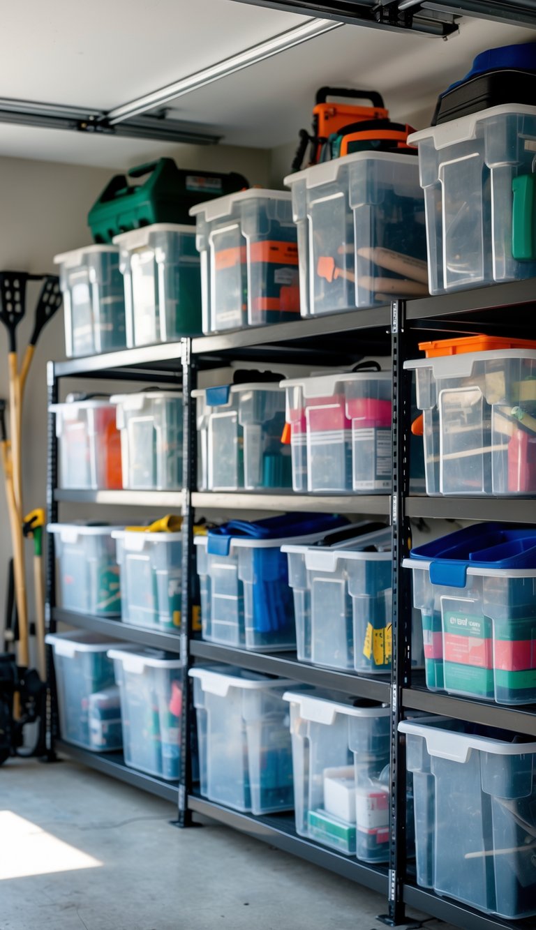 A clean garage workshop with clear plastic storage bins on shelves containing seasonal tools.