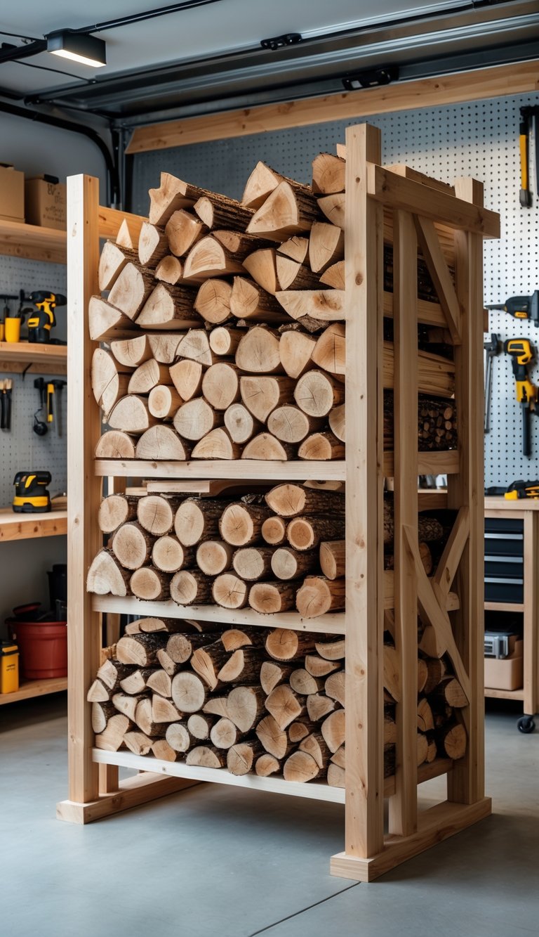 A wood rack in a garage workshop neatly stacked with firewood logs.
