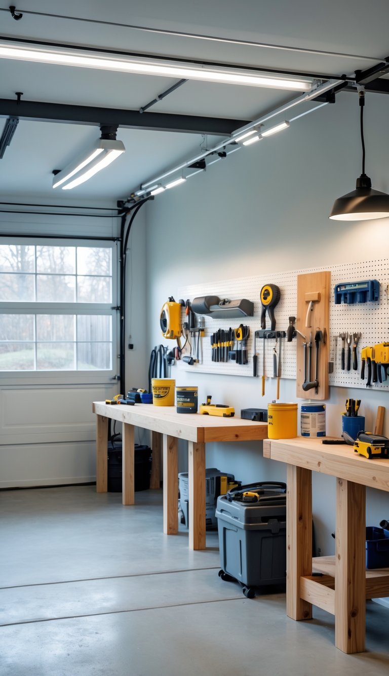 A bright garage workshop with light-colored walls, organized workbenches, and tools arranged neatly.