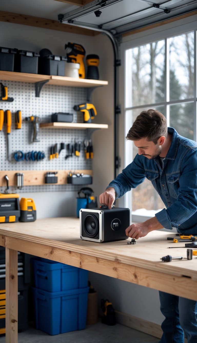 Person installing a wireless Bluetooth speaker on a workbench in a garage workshop.