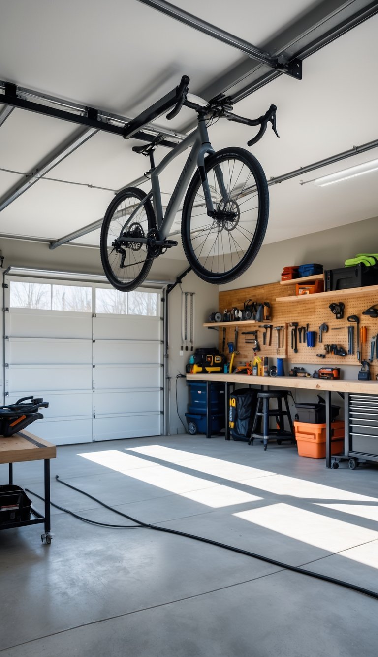A garage workshop with a bicycle hanging from a ceiling-mounted bike rack, showing an organized and spacious area with tools and workbenches.