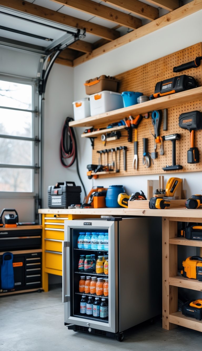 A garage workshop with a mini-fridge filled with drinks and snacks on a workbench surrounded by tools and shelves.