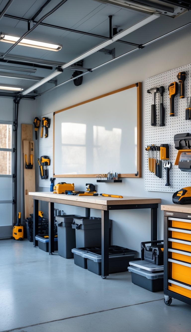 A clean garage workshop with a whiteboard mounted on the wall, surrounded by organized tools and workbenches.