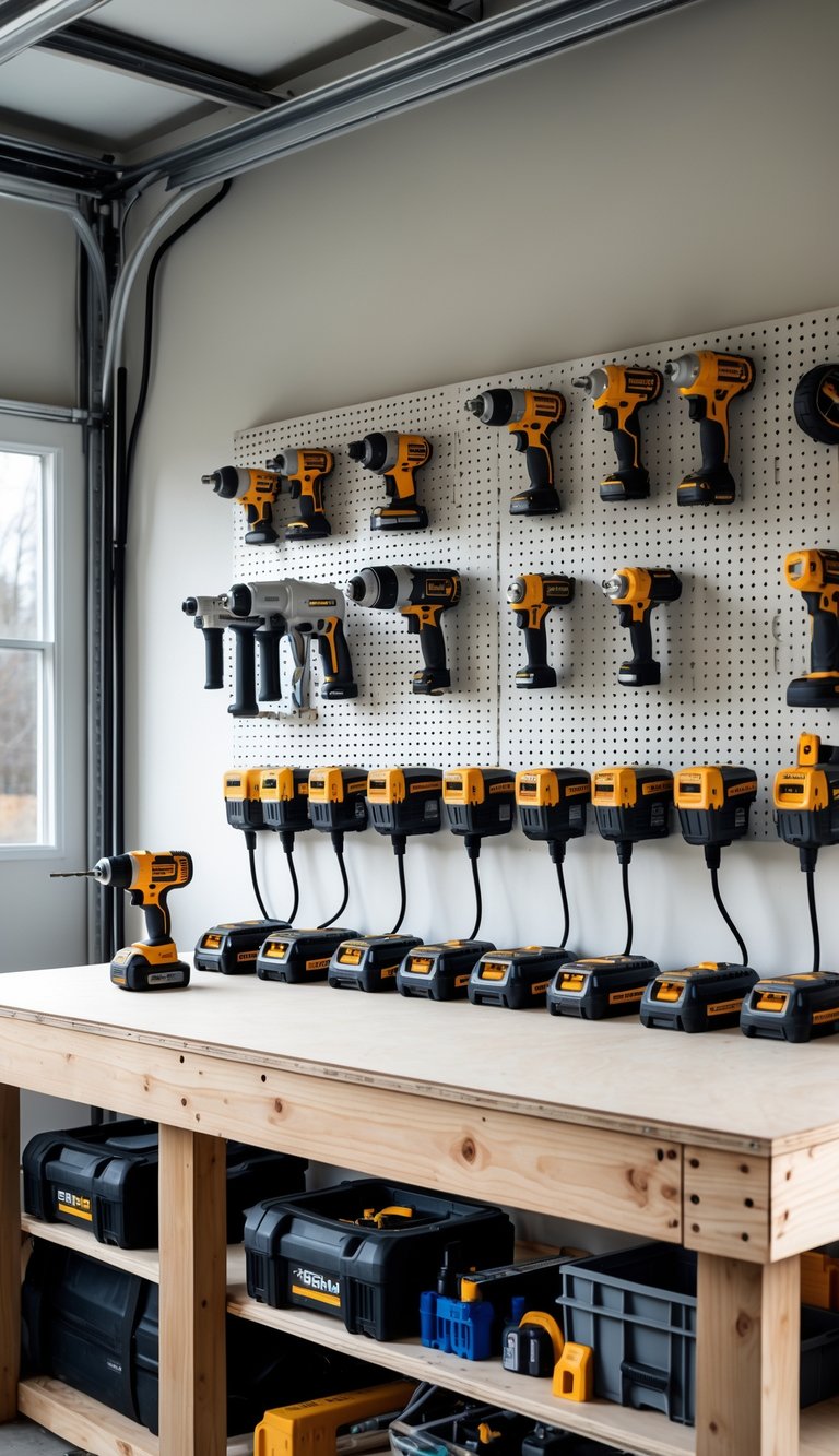 A garage workshop with a pegboard charging station holding cordless tools and a workbench with DIY supplies.