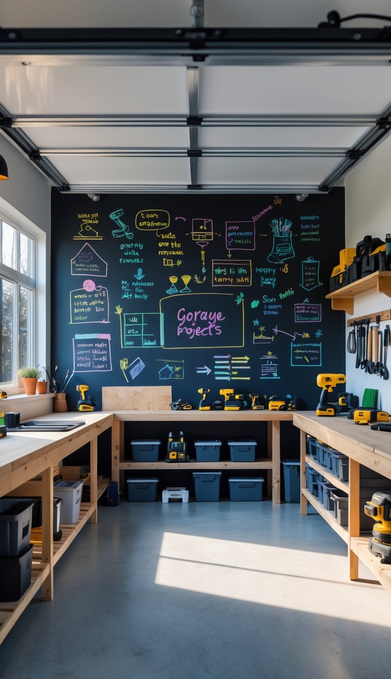 A well-organized garage workshop with a large chalkboard wall covered in sketches and reminders, workbenches, tools, and storage bins, illuminated by natural light.