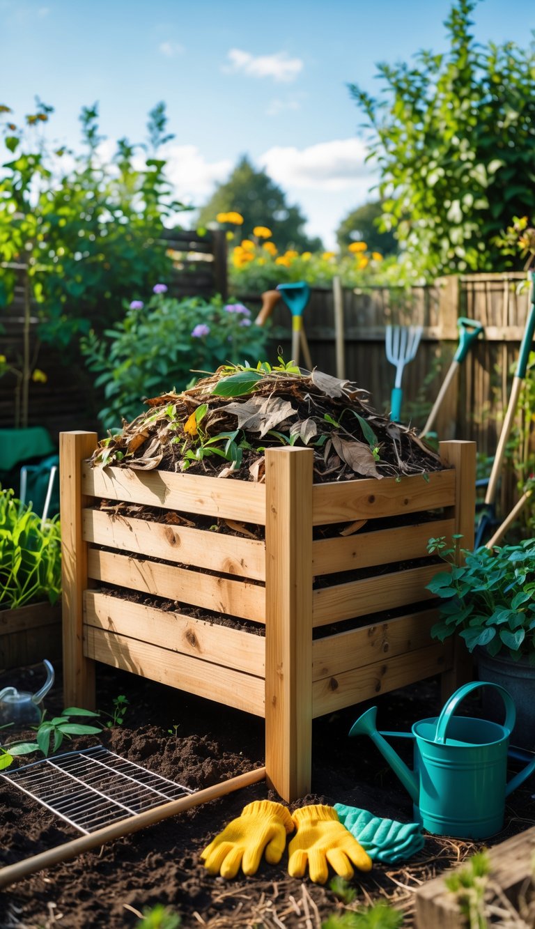 A backyard garden with a wooden compost bin filled with garden waste, surrounded by gardening tools and green plants.