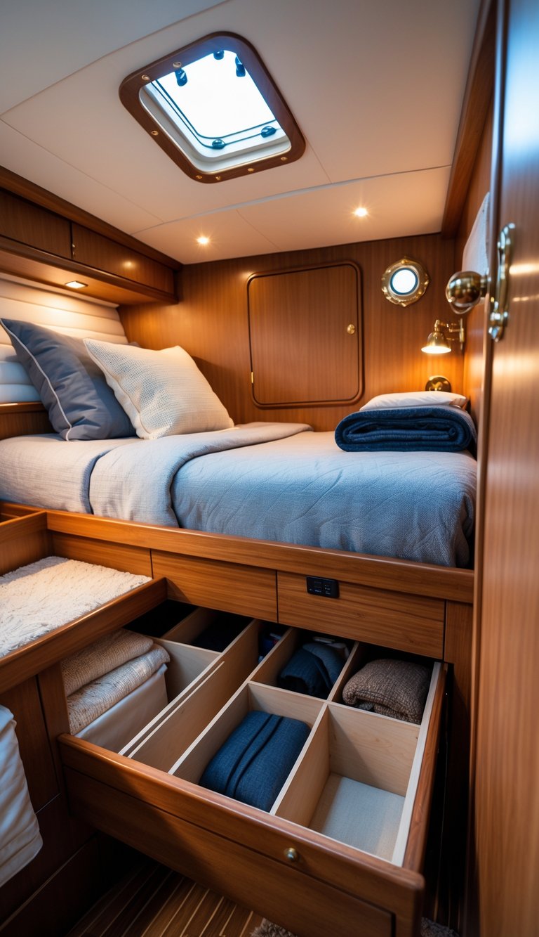 A small boat bedroom with a bed that has built-in storage drawers underneath, showing an organized and cozy sleeping area.