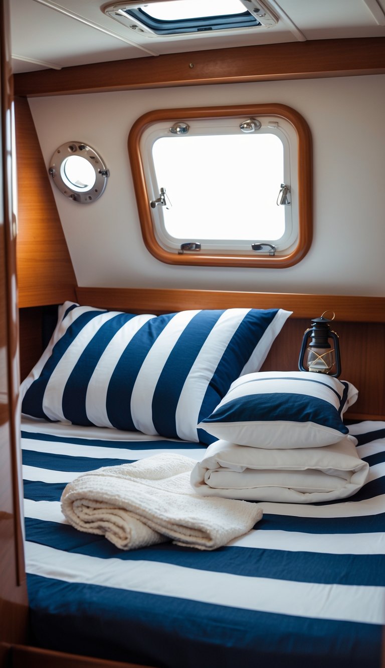 Small boat bedroom with navy blue and white striped bedding and a porthole window letting in natural light.