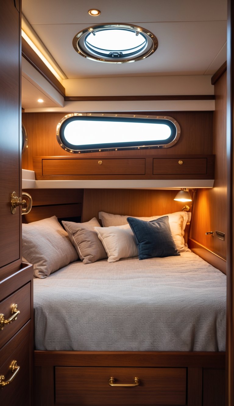 A small boat bedroom with a cozy bed, polished brass hardware, warm lighting, and wooden walls.