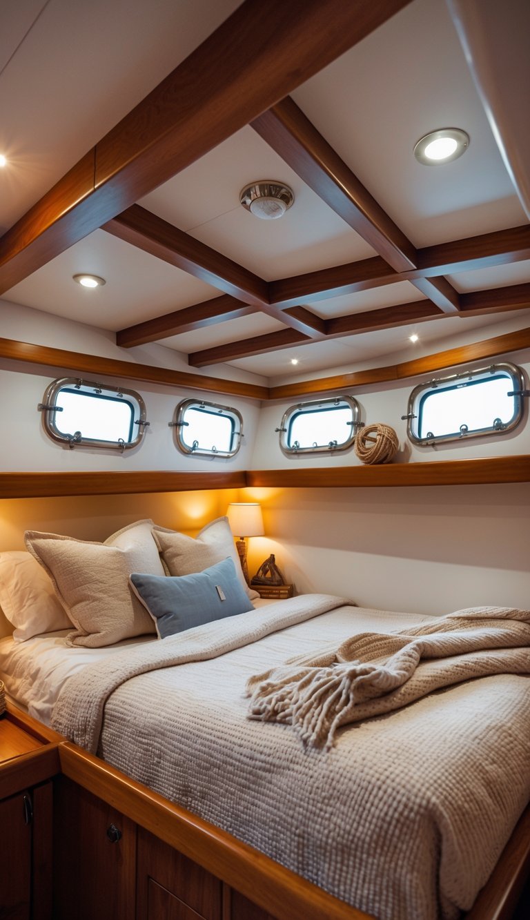 A small bedroom inside a boat with a bed, wooden ceiling beams, windows, and warm lighting.