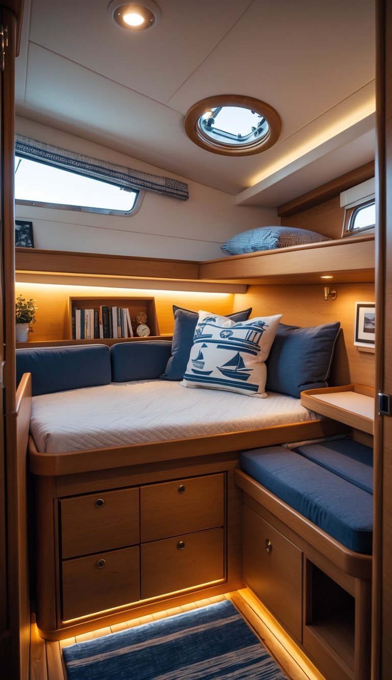 Small boat bedroom with compact furniture, including a bed with storage drawers, foldable table, cushioned benches, and a porthole window showing the sea.