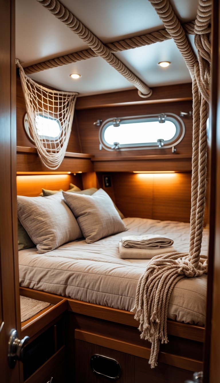 A small boat bedroom with a bed, rope and netting decorations, wooden walls, and soft natural light coming through porthole windows.