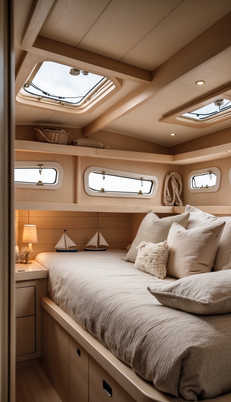 Small bedroom inside a boat with light wood walls, a neatly made bed, and natural light coming through windows.