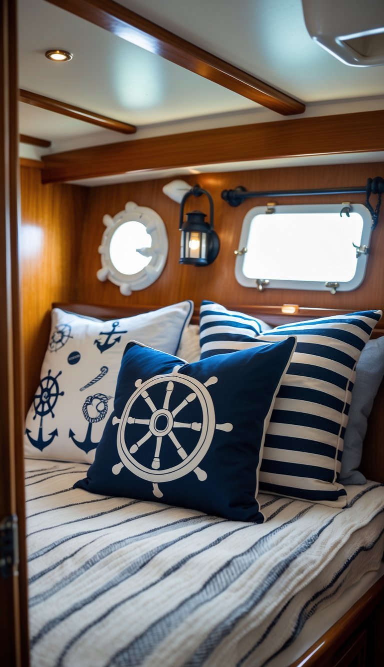 A small bedroom inside a boat with a bed decorated with nautical-themed throw pillows and warm lighting.