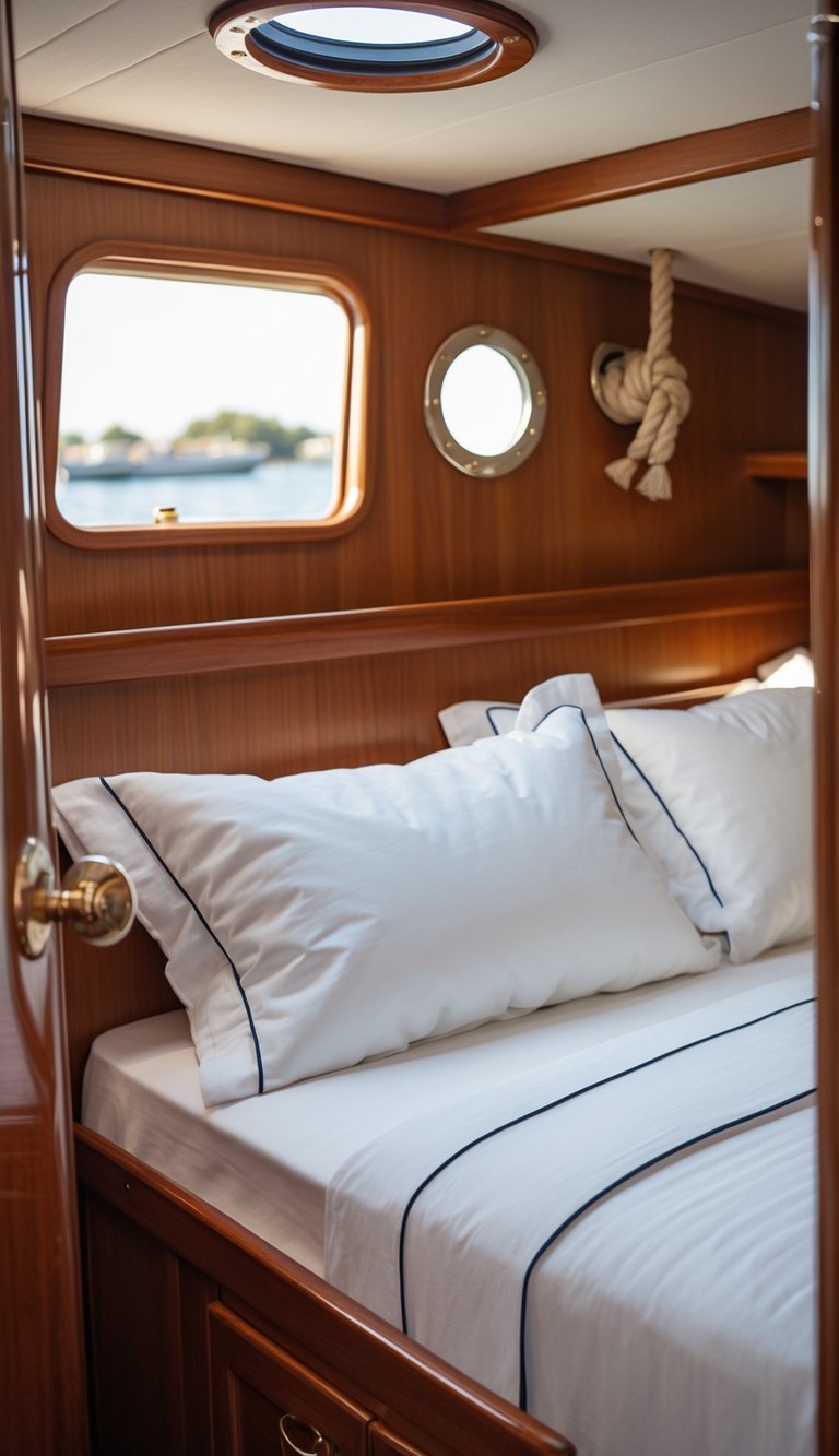 A small boat bedroom with a neatly made bed covered in white linen sheets, warm wooden walls, and natural light coming through a porthole window.