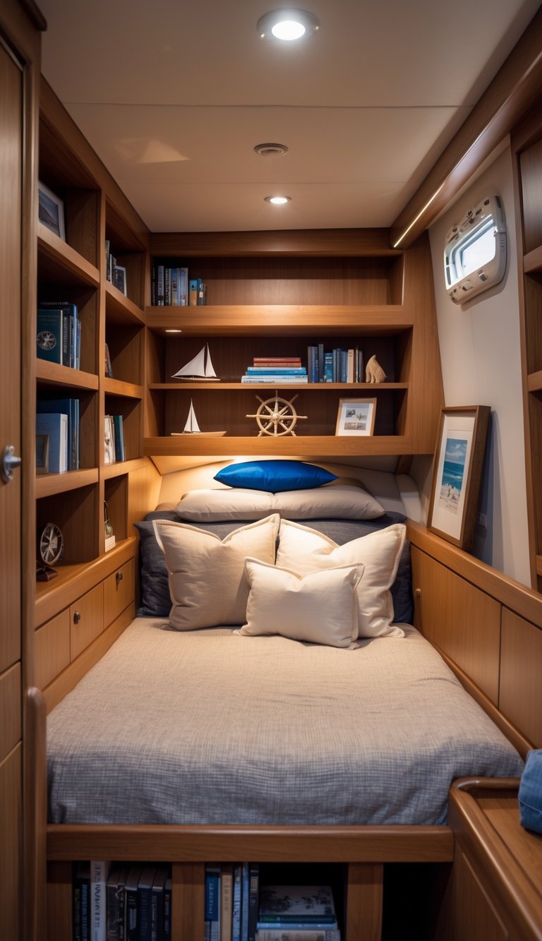 A small boat bedroom with built-in bookshelves featuring hidden storage, a neatly made bed, and nautical decorations.