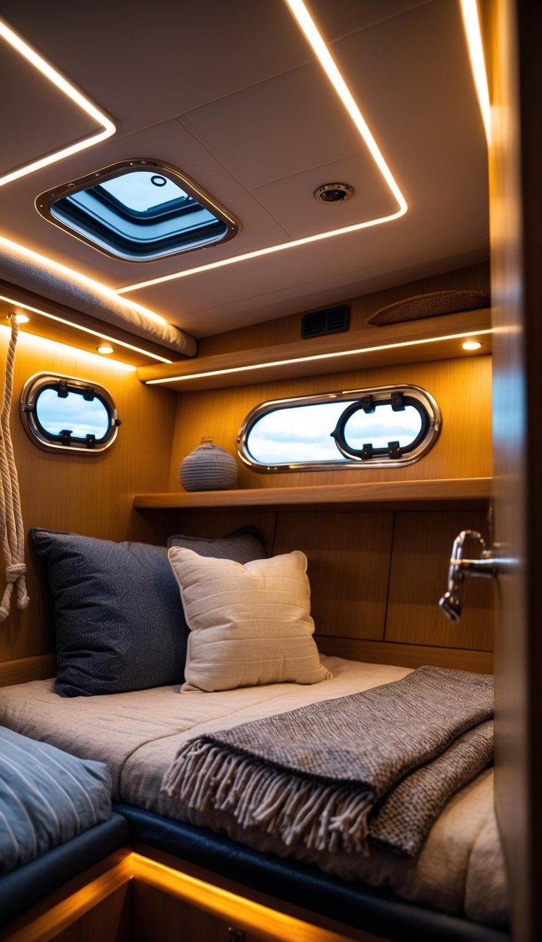 A small cozy bedroom inside a boat with warm LED lighting and wooden paneling.