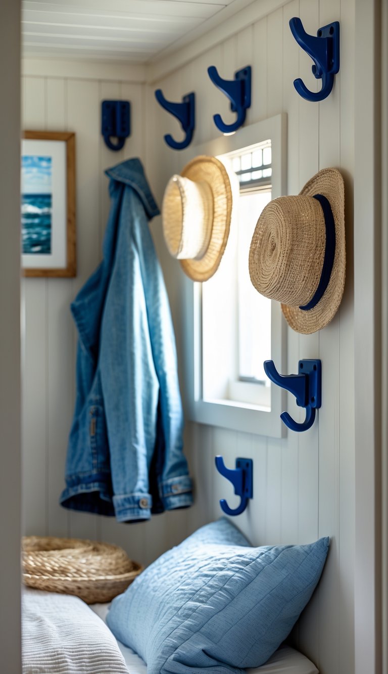 A small cozy bedroom with boat cleat wall hooks holding items, featuring a bed with blue and white bedding and wooden walls.