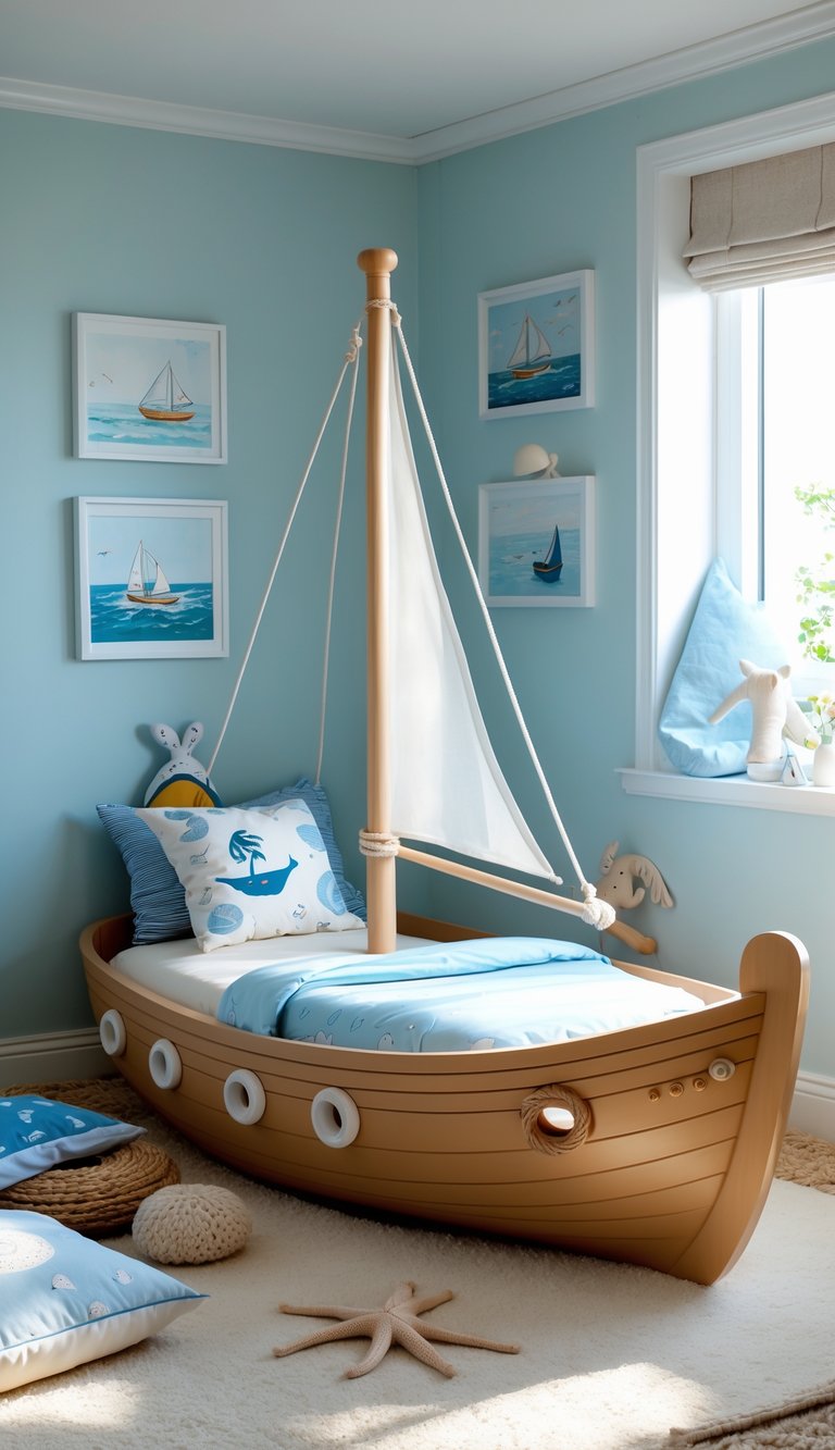 A children's bedroom with a boat-shaped bed frame surrounded by ocean-themed decorations and soft lighting.