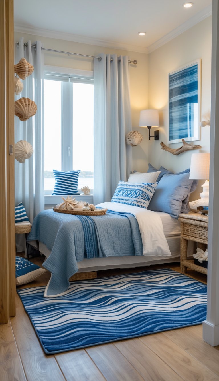 A small bedroom with a bed, ocean wave patterned rugs on the floor, and nautical decorations creating a cozy atmosphere.