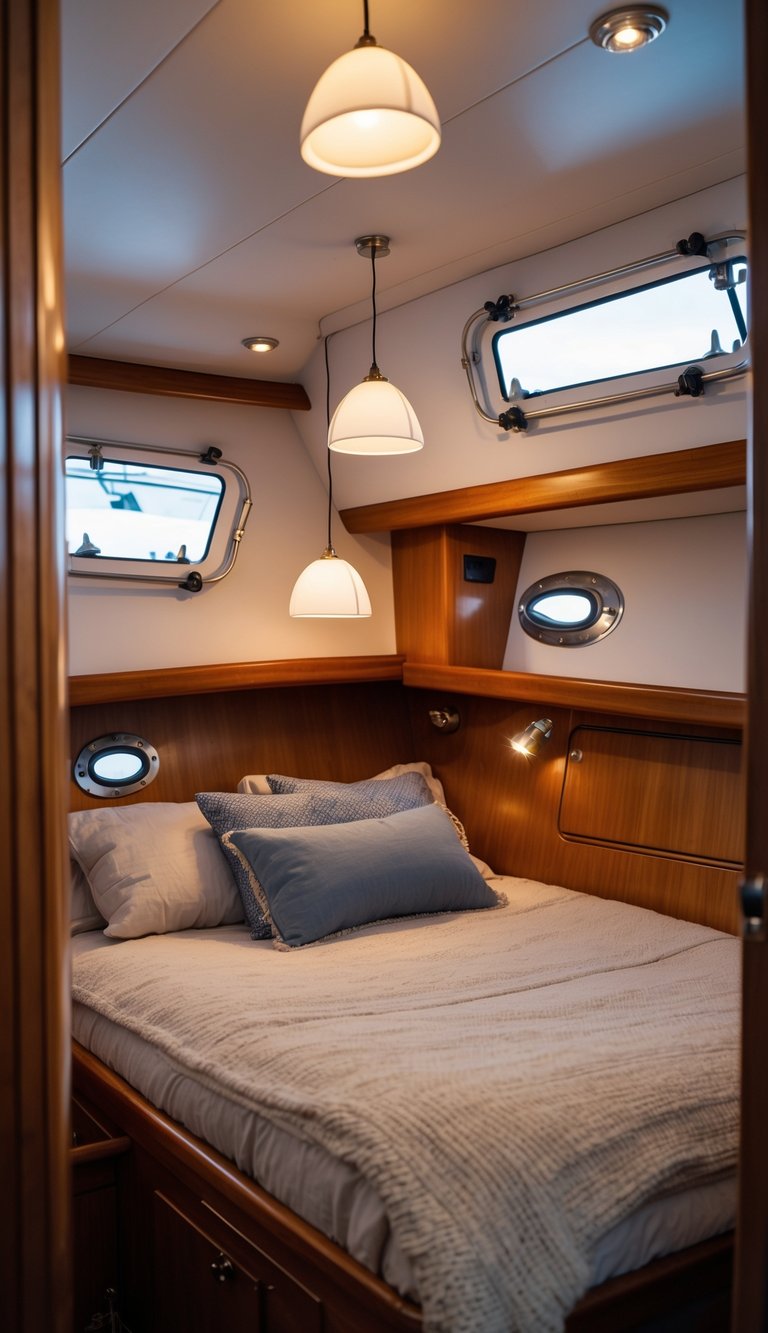 A small boat bedroom with a bed, wooden walls, porthole windows, and hanging pendant lights creating a cozy atmosphere.