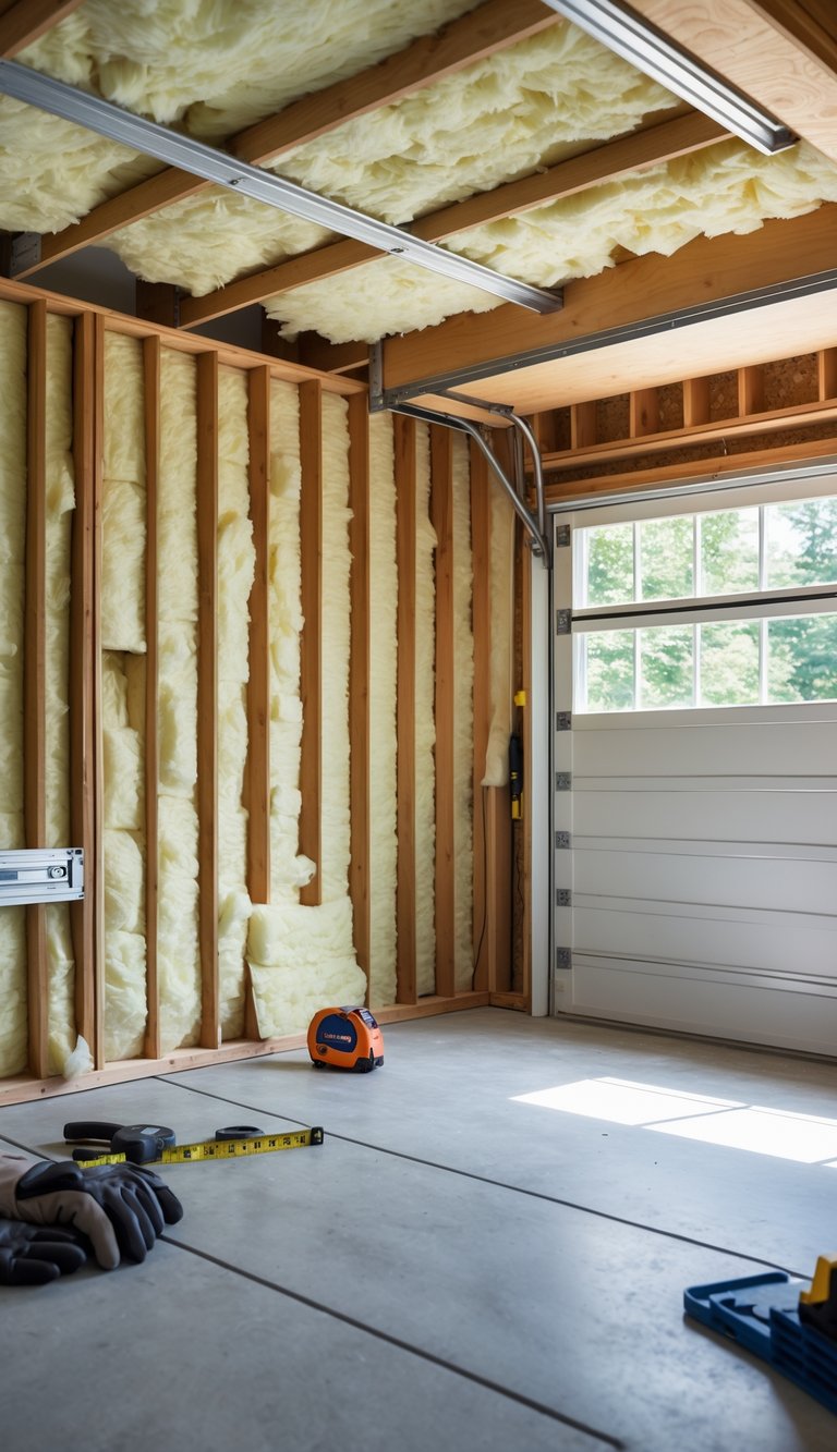 Interior of a garage with walls and ceiling partially insulated using fiberglass batts, showing wooden framing and insulation material.